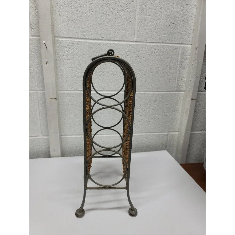 vtg Wrought Iron woven wicker rattan tabletop 3 Wine bottle Rack Holder Caddy
